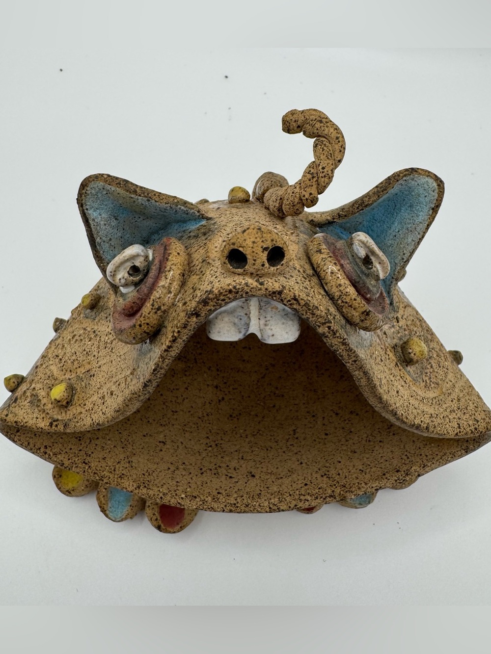Vintage Studio Pottery Monster Figurine Big Mouth Clay Frog Incense Burner Kitsc